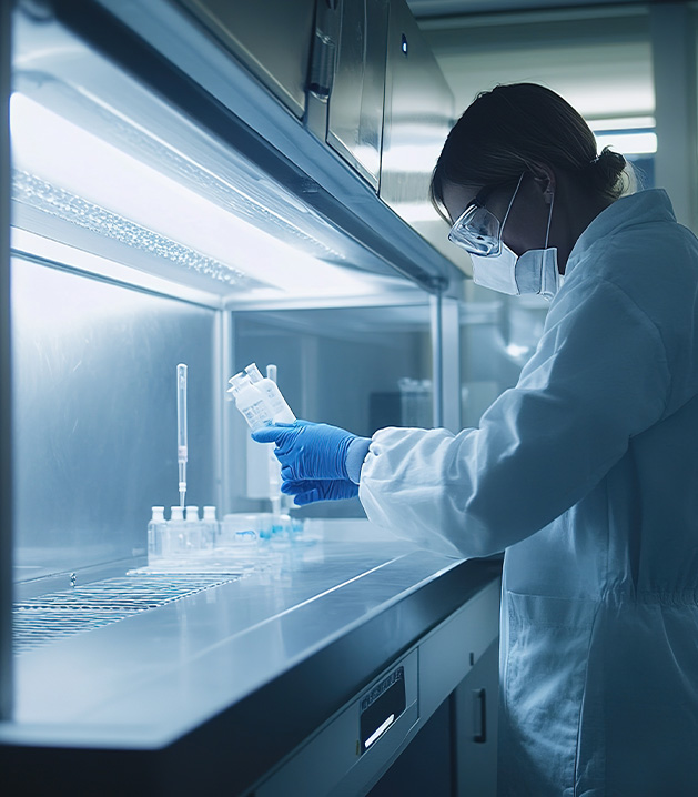 scientist working in laboratory with microscope and test tubes focusing on research and experiments for 4 new solutions